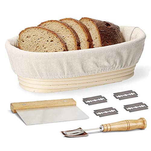 Juego de cestas de fermentación ovaladas de 10 pulgadas para masa de pan de caña de rota natural, ideal para pan, con inserciones de lino, raspador de metal y estuche, cuchillas extra