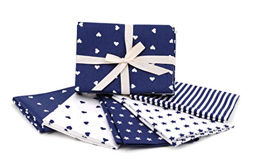 Kit de tela de algodón con fantasías a juego, 5 grandes piezas de 70 x 50 cm, rayas + estrella + corazón a juego, tejido para patchwork, fabricado en Italia, Oeko-Tex (azul noche)