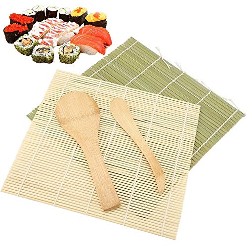 Kit para Hacer Sushi - 4 Pcs Alfombrillas de Bambú Para Sushi, DIY Sushi Esteras Rolling Mats Starter Kits Para Principiantes, Incluye 2 Alfombrillas de Bambú, 1 Paleta de Arroz, 1 Esparcidor de Arroz