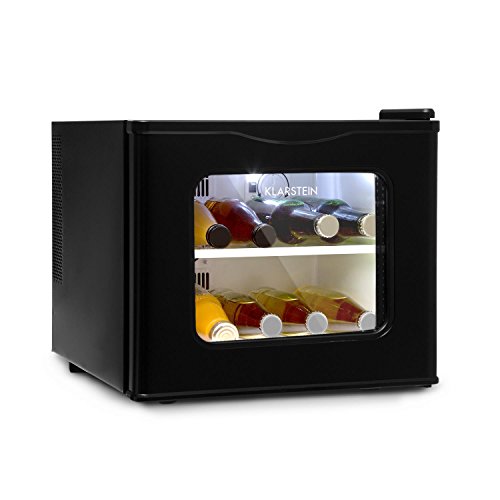 Klarstein Winehouse Minibar - Vinoteca, Nevera de bebidas y tentempiés, 17L, LED, Silenciosa, Temperatura de 8 a 18 °C, Bajo consumo, Doble cristal, Acero inox, negro