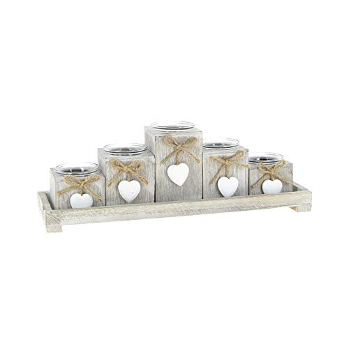 KONTARBOOR - Portavelas decorativo, portavelas, candelabros, centro de mesa, velas de Navidad de madera, color gris claro compuesto de 5 piezas con sus pequeños corazones colgados.