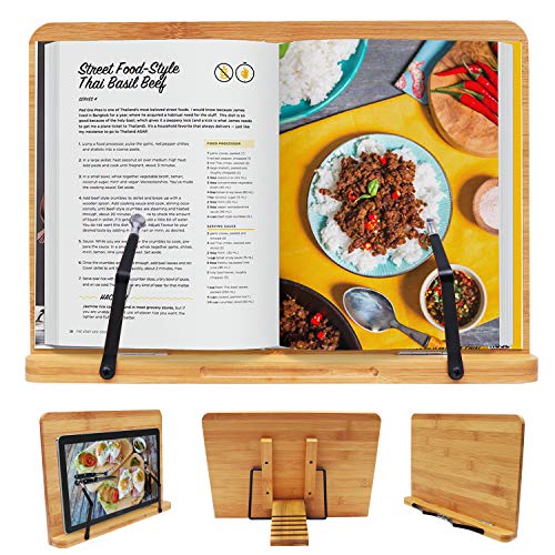 Kurtzy Bambú Soporte para Libros de Cocina con Brazos Sostenedores - 33,5 cm x 24 cm de con 5 Alturas Ajustables - Soporte Libros, Notas Musicales, iPad y Tablet