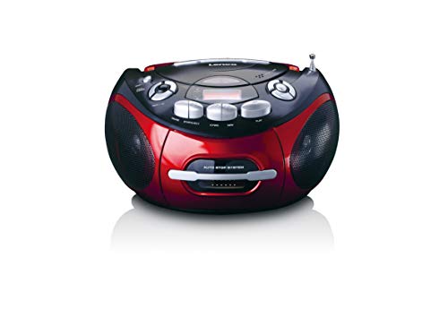 Lenco SCD-430 - Reproductor de CD con Reproductor de CD y Casete (función MP3, Parada automática, Memoria programable, función de repetición, bajo Extra, Entrada Auxiliar de 3,5 mm), Color Rojo