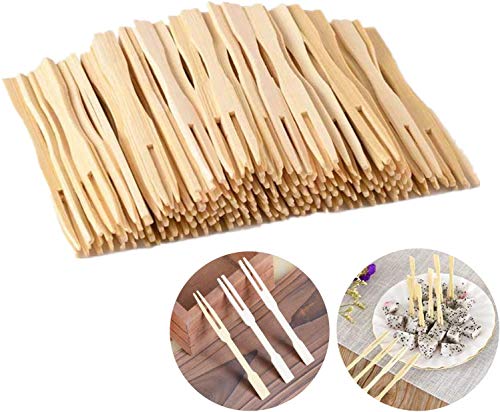 LING LAN 100 tenedores desechables de bambú para frutas 100% bambú natural biodegradable para fiestas, banquetes, bufés, catering y vida diaria