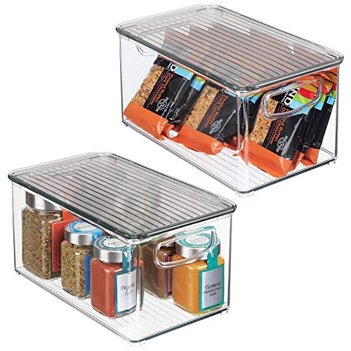 mDesign Juego de 2 cajas organizadoras con asas – Organizador de frigorífico con tapa para almacenar alimentos – Contenedor de plástico sin BPA para mueble de cocina o nevera – transparente/gris