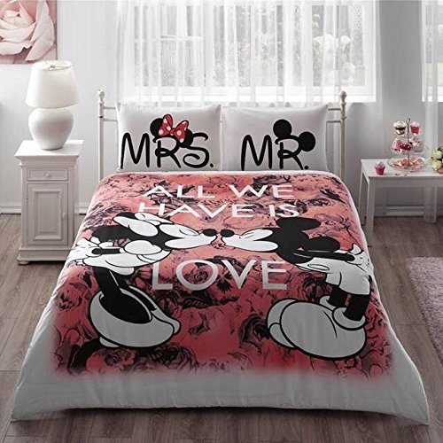 Mickey y Minnie Mouse rey Reina adultos carcasa juego de cama 100% algodón cama hoja linens doona funda de edredón/Colcha funda Sets (rojo, Queen) amado