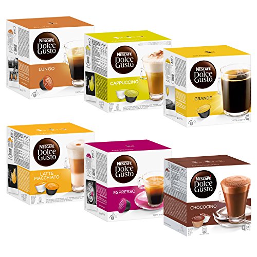 Nescafé Dolce Gusto Set Basic: Lungo, Cappuccino, Latte Macchiato, Espresso, Chococino, Crema Grande, 6 x 16 Cápsulas