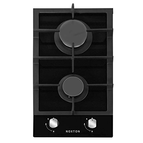 NOXTON Construido-en 30cm 2 Quemador Encimera De Gas Domino Negro Cocina de Vidrio con Kit de GLP & FPD [Clase de Energía A +]