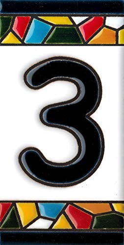 Número y letras para casa, Cerámica Pintada a Mano 5 x 11 cm md trencadis, Grabado y Cerámica Española (Número 3)