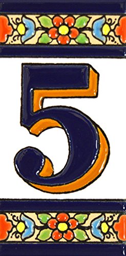 Números casa. Letreros con numeros y letras en azulejo de ceramica policromada, pintados a mano en técnica cuerda seca para placas con nombres, direcciones y señaléctica. Texto personalizable. Diseño FLORES MEDIANO 10,9 cm x 5,4 cm. (NUMERO CINCO "5")