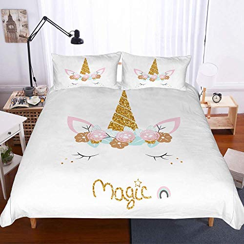 NYLIN Funda Nórdica Unicornio Y Hermosas Flores Colcha Estampada Animal Dibujos Animados Juego De Ropa De Cama 2-4 PCS Fundas De Edredón Nórdico/Fundas De Almohada/Sábanas para Cama 90/135/150/180