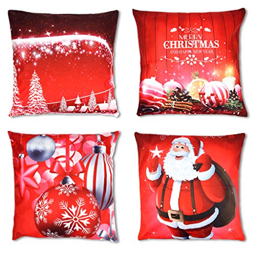 OWUDE Merry Christmas Pillow Covers Pack de 4, Super Soft Fundas de Cojines de Felpa Home Decorative Throw Pillow Cases para Living Room Bed Sofa, Rojo, 18"x 18"