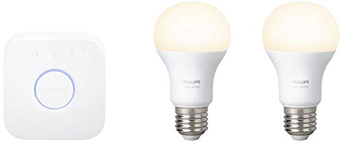 Philips Hue Kit 2 Bombillas Inteligentes LED E27 y Puente, 9.55 W, Luz Blanca Cálida, Compatible con Alexa y Google Home