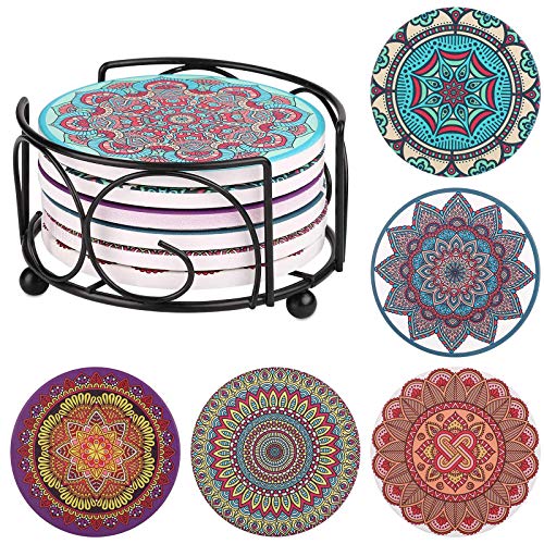 Posavasos de cerámica – Satawit – Juego de 6 posavasos redondos decorativos con base de corcho para tazas y tazas en casa, cocina, oficina, incluye soporte de metal duradero