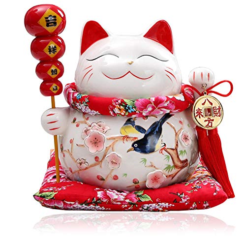 PZAIQ Estatuas Cerámica Maneki Neko Adorno Lucky Cat Money Box Fortune Cat Figurilla Estatua China Hucha con Campanas