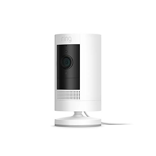 Ring Stick Up Cam Plug-In, cámara de seguridad HD con comunicación bidireccional, compatible con Alexa | Incluye una prueba de 30 días gratis del plan Ring Protect | Color blanco