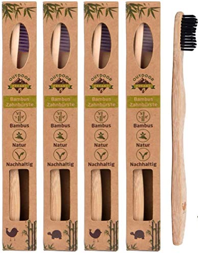 Set de 4 cepillos de dientes madera de Bambú, vegano, biológico, biodegradable,100% libre de BPA, carbón vegetal.
