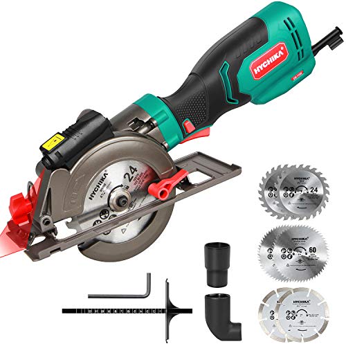 Sierra Circular 750W, HYCHIKA con Motor de Cobre Puro, Guía Láser, Tubo para Aspiradora, 6 Hojas(24&60T+Diamante, Corte: 48mm (90°, Mini Sierra Circular, 3500RPM para Azulejo, Madera, Metal Blando