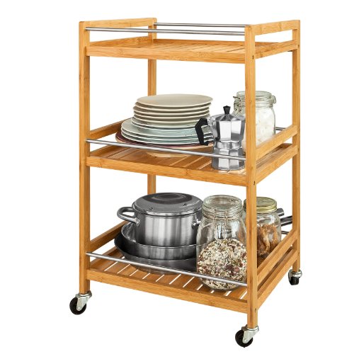 SoBuy® Estantería de cocina, carrito de cocina, estantería de baño de bambú con ruedas FKW11-N