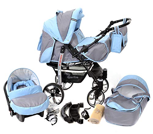 Sportive X2, 3-in-1 Travel System incl. Baby Pram with Swivel Wheels, Car Seat, Pushchair & Accessories (3-in-1 Travel System, Pale Grey & Blue)
