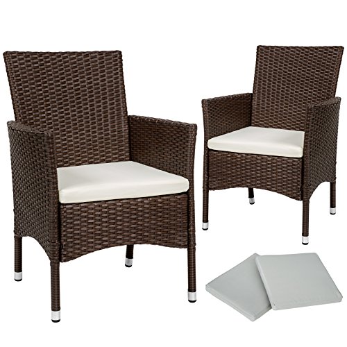 TecTake 2 x Ratán sintético silla de jardín set con cojines + 2 Set de fundas intercambiables + tornillos de acero inoxidable - disponible en diferentes colores - (Marrón mixto | No. 402123)