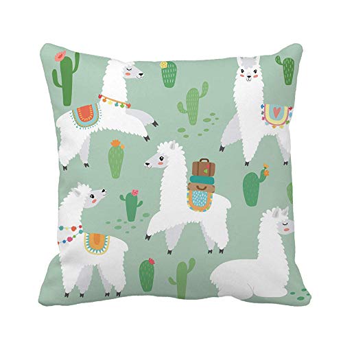 Throw Pillow Cover Green Animal Cute Llama Cactus Baby Baggage Botanical Bright Funda de Almohada Funda de Almohada Cuadrada Decorativa para el hogar Funda de cojín