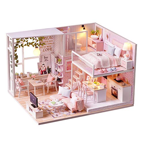 Weehey Kit de casa de muñecas de Bricolaje en Miniatura Loft Realista Mini habitación de casa de Madera de Color Rosa 3D con Muebles Luces LED Regalo de cumpleaños del día de los niños de Navidad