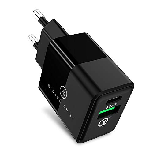 Wicked Chili 20W Cargador con Quick Charge y USB C PD - Cargador rápido Compatible con iPhone 12, Xiaomi, LG, Magsafe Charger, 20W PD 3.0 & QC 3.0 Dual Port Charging Adapter, Negro