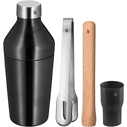 WMF Baric - Juego de cócteles (4 piezas, incluye coctelera de acero inoxidable, pinza para hielo, mortero de madera, apilable, en caja de regalo)
