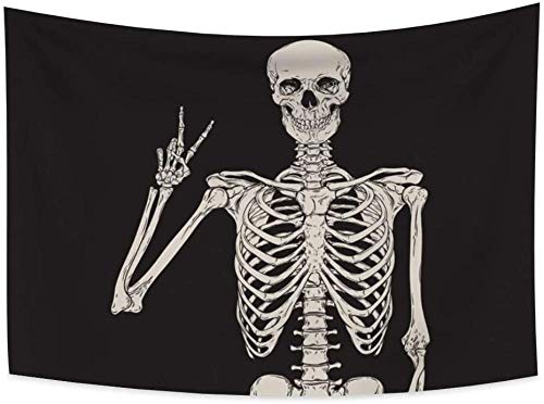Yhjdcc Tapiz de calavera en blanco y negro divertido cartel de la victoria, esqueleto bohemio, hippie, bohemio, para colgar en la pared, manta de poliéster, 150 cm x 200 cm