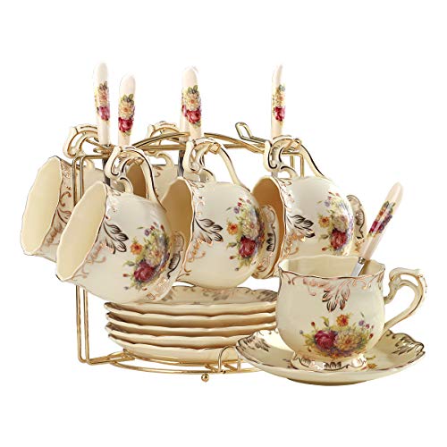 YOLIFE Juego de tazas de té y platillos de arbustos florecientes, juego de 6 tazas de té de cerámica marfil con estante de metal dorado