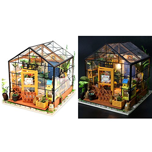 Zebroau Casa de muñecas DIY, Modelo ensamblado Educativo Creativo con luz LED, Kits de artesanía de Invernadero para Mujeres y niñas - Cathy's Flower House (sin Cubierta Antipolvo)