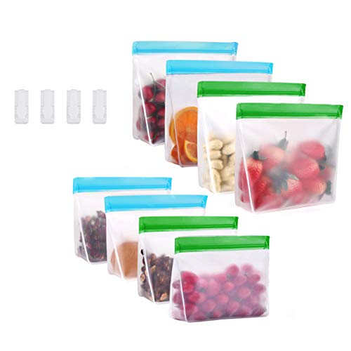 8 paquetes de pie Conjunto de bolsas de almacenamiento de alimentos reutilizables: bolsas de fruta líquida, bocadillo de tocino y bocadillo, sello hermético para congelador, ideal para conservar