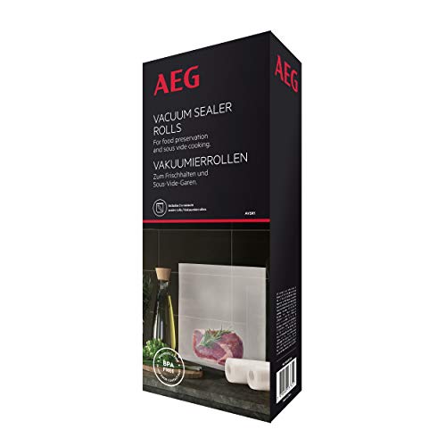 AEG AVSR1 - Dos rollos de bolsas (6 metros). Rollos de envasado VS4-1-4A (Apto para Nevera y congelador, conservar, cocer al vacío, 7 Capas, Resistente a roturas, se Puede Cortar, Transparente)