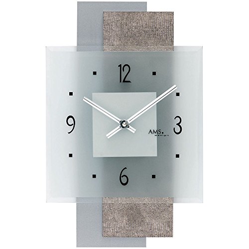 AMS 9443 Reloj de pared de cuarzo, reloj de pared con niveles, piel sintética en la parte posterior de madera, cristal mineral, manecillas cromadas