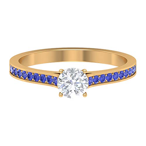 Anillo de piedras preciosas, anillo de diamante solitario HI-SI de 1/2 quilates, anillo de tanzanita de 1/4 quilates, anillo de compromiso único, anillo de boda nupcial, 14K Oro amarillo, Size:EU 62