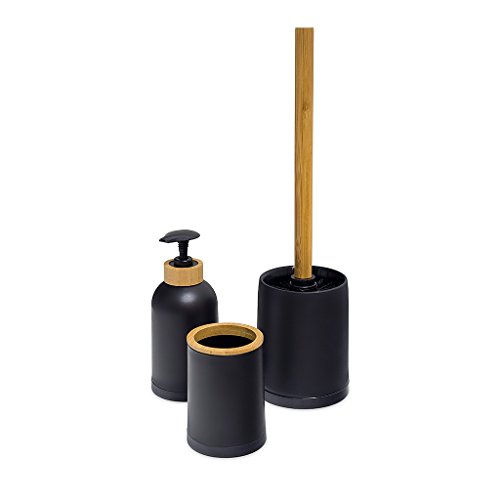 Balvi Set baño Zen Color Negro Conjunto de 3 Piezas Dosificador de jabón, pote y escobilla de baño Plástico PP/bambú