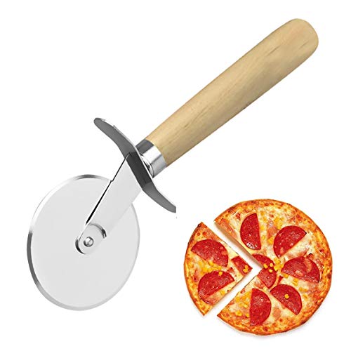 BoloShine Cortador de Pizza, Profesional Cortapizzas - Pizza Cutter de Acero Inoxidable con Mango de Madera y Protector de Cuchilla para Manejo Cómodo, 17,5 x 6 cm