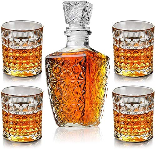 BSET BUY Juego de vasos decantadores de whisky en caja de regalo exclusiva, juego de decantador original de cristal para whisky escocés, vodka o whisky, 5 piezas