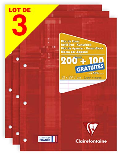 Clairefontaine 65818AMZC - Pack de 3 bloques de encolados grandes (300 páginas (200 + 100 gratis) 90 g, perforados 4 agujeros y rayados con márgen, cubiertas de cartulina recubierta, color rojo