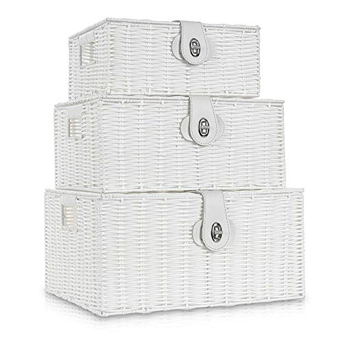Conjunto de 3 cestas trenzadas de almacenamiento de mimbre con cubiertos, asa lateral, organizador para cuarto de baño, salón, cocina o dormitorio (blanco)