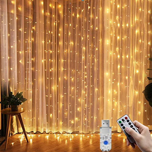 Cortina de Luces, Fenvella LED Luces de Cortina Carámbano de Blanco Cálido con 8 Modos de Luz Perfecto para Decoración de Navidad, Festival,Fiestas, Casa,Jardín,Boda,etc