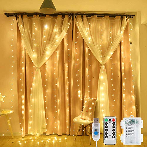 Cortina de luces LED, 3 x 2 m, 200 luces LED, con USB y pilas, IP65, resistente al agua, cortina de luces con 8 modelos de luz, para bodas, Navidad, fiestas, blanco cálido