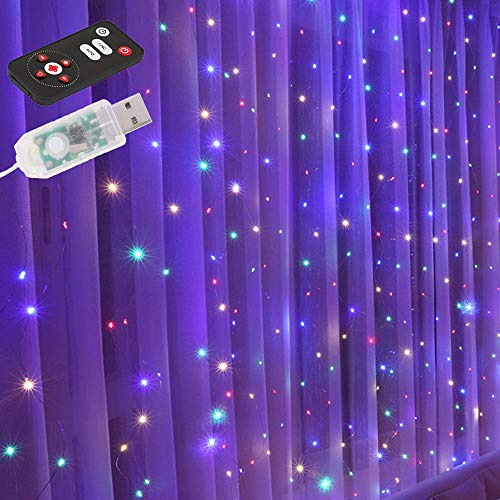 Cortina luminosa de 3 x 3 m, 300 LED, luces para cortinas con mando a distancia, 8 modos de luz, para decoración de cortina, dormitorio, Navidad, apto para exteriores e interiores (colores)