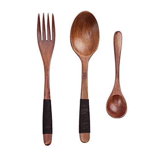 Cosyland Tenedor de cucharas de Madera, 3 Paquetes de cucharas, Cuchara de Sopa, Cuchara de café, vajilla ecológica con Funda