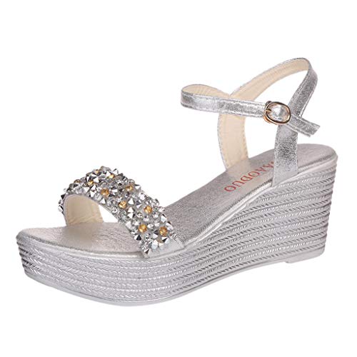 Covermason Mujer Cómodos Cristal Cuña Hebilla Casual Sandalias Verano Nuevo TamañO Grande Bohemia Vestido Zapatos(39,Plata)