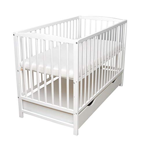 Cuna de bebé con cajón, 120 x 60 cm, madera maciza, incluye colchón de espuma, color blanco