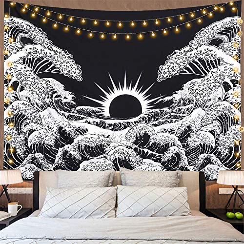 Dremisland Tapiz de pared con diseño de mandala con una gran ola de Canagawa para colgar en la pared con puesta de sol, color negro y blanco