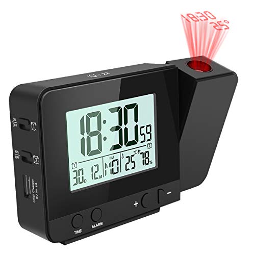 E-More Reloj Despertador Digital Despertador Proyector con Temperatura 4 Brillo de Proyección Ajustable Volumen de 2 Niveles,Función de Snooze, 12/24 H para Dormitorio y Oficina