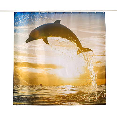 ENCOFT Cortina Baño Antimoho Impermeable con 12 Ganchos de Plástico Cortinas de Ducha Baño Bañera en Poliéster Delfín Crepúsculo Marrón 180x180cm